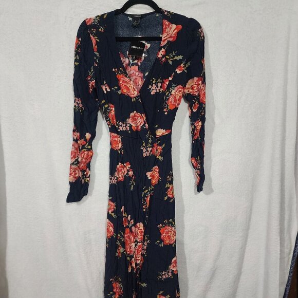 NWT Forever 21 floral long sleeve wrap midi dress Navy Pink Red Green - Picture 2 of 10